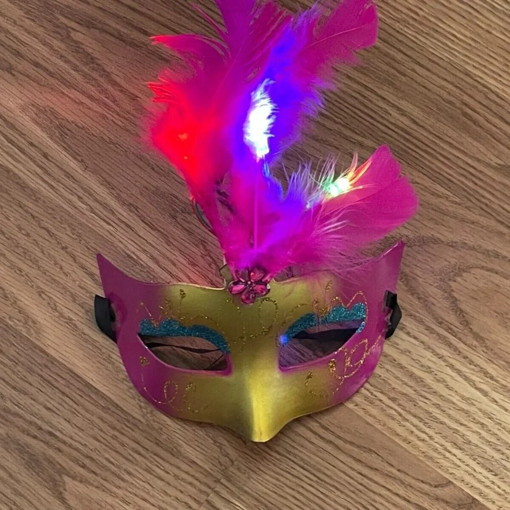 Party Mask Light Up Deep Pink Fuax Feather Masquerade Mask